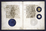 Text with three charts in gold, blue, and other colors.  Red and blue initials, rubrics