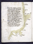 Text with red and blue initials, map with small drawings of unlabelled cities