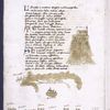 Text with red and blue initials, rubrics, map with small drawings of cities, church