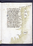 Text with red and blue initials.  Map with small drawings of unlabelled cities
