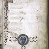 Opening of text, 3-line initial and painted border design.  1-line initials and coat of arms