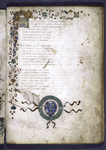 Opening of text, 3-line initial and painted border design.  1-line initials and coat of arms