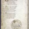 Page of text with 3-line initial and penwork, smaller initials, rubrics, and chart of heavens