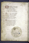 Page of text with 3-line initial and penwork, smaller initials, rubrics, and chart of heavens