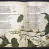 Text with red and blue initials.  Map stretching across both pages, with small drawings of cities