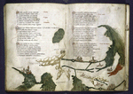 Text with red and blue initials.  Map stretching across both pages, with small drawings of cities