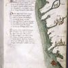 Text with red and blue initials.  Map with small drawings of cities
