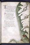 Text with red and blue initials.  Map with small drawings of cities