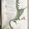 Text with red and blue initials.  Map with small drawings of cities