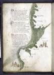 Text with red and blue initials.  Map with small drawings of cities