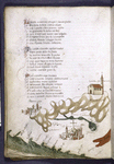 Text with red and blue initials.  Map with small drawings of cities, church