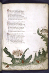 Page of text with initials and map showing Troy and Rhodes?  Note hand with cursive elements