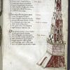 Page of text with rubrics, initials and drawing of Tower of Babel