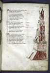 Page of text with rubrics, initials and drawing of Tower of Babel