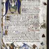 Historiated initial of Christ in Majesty; border includes a cat licking its bottom, a beetle, a moth, a stork and a rabbit, as well as a lion whose design originates in engraved playing cards.