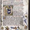 Historiated initial of the Nativity; border includes a moth, as well as the side view of a pink rose, whose design originates in engraved playing cards.
