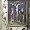 Full page miniature of Crucifixion; John holds what appears to be a book in a chemise binding; the blank shield in the lower margin appears never to have been filled in (one might have expected to find a small cross in this location)