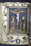 Full page miniature of Crucifixion; John holds what appears to be a book in a chemise binding; the blank shield in the lower margin appears never to have been filled in (one might have expected to find a small cross in this location)