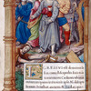 Full page miniature of the betrayal of Christ by Judas; in the background Peter sheathes his sword, as Malchus lies on the ground with blood streaming from his ear, [f. 11v]