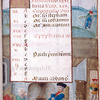 Opening of calendar for the month of January with the Occupation of the Month as a man warming himself before the fire while a mother cuddles her child; the zodiac symbol, a man pouring water, in the upper margin