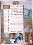 Opening of calendar for the month of January with the Occupation of the Month as a man warming himself before the fire while a mother cuddles her child; the zodiac symbol, a man pouring water, in the upper margin