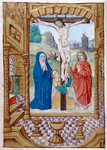 Crucifixion with the Virgin Mary, John the Evangelist and Mary Magdalene, as if seen through the open window of an elaborate architectural setting