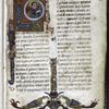 Large opening initial with angel of Matthew. Border design with animals