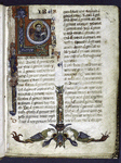Large opening initial with angel of Matthew. Border design with animals