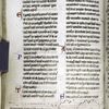Page of text with music drawn in lower margin -- square notation on red staves