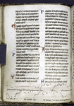 Page of text with music drawn in lower margin -- square notation on red staves