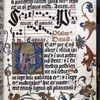6-line blue initial on gold field, with flower design extending into border. Historiated initial of King David. Two lines of music