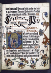6-line blue initial on gold field, with flower design extending into border. Historiated initial of King David. Two lines of music