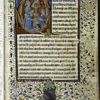Historiated initial of the older man instructing the younger, with book on a lecturn; rubrics in blue ink; coat of arms of original owner; stamp of library of Antoine Moriau