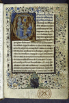 Historiated initial of the older man instructing the younger, with book on a lecturn; rubrics in blue ink; coat of arms of original owner; stamp of library of Antoine Moriau