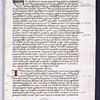 Opening of text with 5-line initial with puzzle design, rubric, and 3-line initial.  Ex libris of J.B.P.H. Caque.  Quire letter and foliation in lower margin