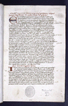 Opening of text with 5-line initial with puzzle design, rubric, and 3-line initial.  Ex libris of J.B.P.H. Caque.  Quire letter and foliation in lower margin