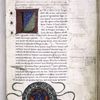 Opening of text with rubric of rustic capitals, large initial, 1-line red initials, coat of arms, gold flourishes and notes in red and black ink
