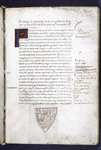 Rubric in humanistic, large initial, opening of text.  Notes in red, ex libris of Friedrich de Schennis