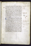 Page of text with 2-line blue initial, rubric, notes