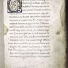 Large gold initial with white vinestem on blue field. Opening of "De conjuratione Catiline", with rustic capitals