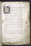 Large gold initial with white vinestem on blue field. Opening of "De conjuratione Catiline", with rustic capitals