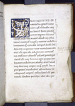 Opening of "De bello Jugurthino." Large gold initial on blue field with white vinestem, capitals. Marginal note