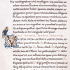 Page of text with large initial and figure of bird. Rustic capitals in heading and names of parts