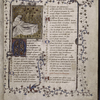 Opening of text.  Miniature on gold field, large and small initials, rubric, full border of vines and leaves