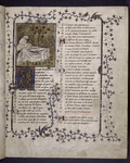 Opening of text.  Miniature on gold field, large and small initials, rubric, full border of vines and leaves