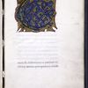 Very large green and blue initial on gold and red field; opening of text