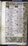 Opening page of calendar.  Border design, writing in red and blue