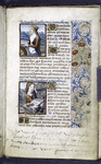 Small miniatures of Sts. Catherine and Barbara; border design, initials, and writing in blue