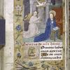 Full-page miniature of Annunciation, with border including grotesques.  4-line initial, placemarker and smaller initial, rubric in French, catchword