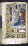 Full-page miniature of Annunciation, with border including grotesques.  4-line initial, placemarker and smaller initial, rubric in French, catchword